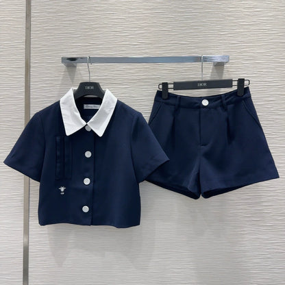 D 25 New Bee Embroidery Single Breasted Lapel Short Sleeve Shorts Suit