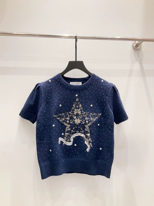 D 25 New Five-pointed star embroidery round neck short-sleeved knitted top