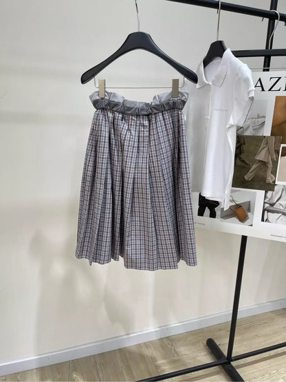 M 25 Summer new style mesh outer-turned dark red fine check mid-length skirt
