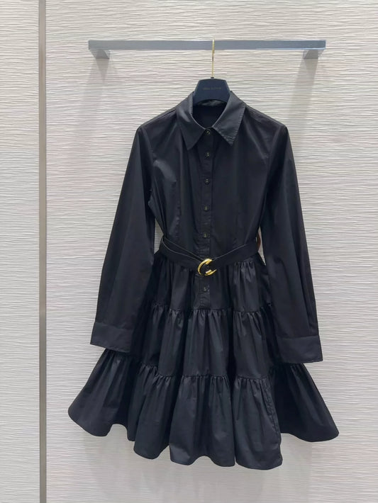 L 25 New Belted Single Breasted Lapel Long Sleeve Dress (Black & White)