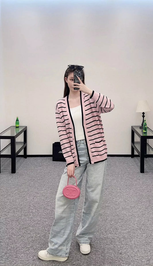 C 25 spring and summer new swallow logo buttons striped knit cardigan