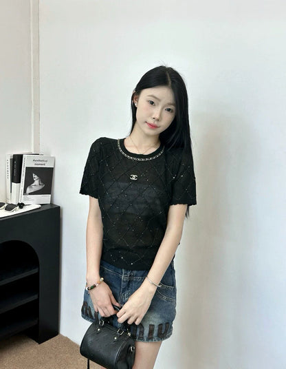 2025 Spring and Summer New Three-Dimensional Diamond Knitted Short Sleeves