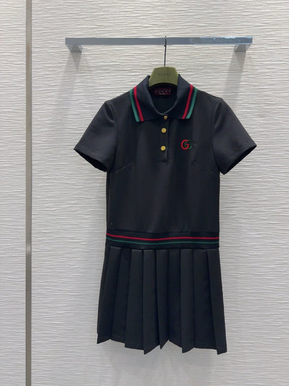 G 25 New Embroidered Letter Striped Button Lapel Short Sleeve Pleated Dresses