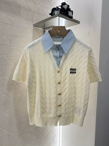 M 25 Summer New Embroidered Letters Fake Two Piece Twist Knit Top Flip Neck Short Sleeve
