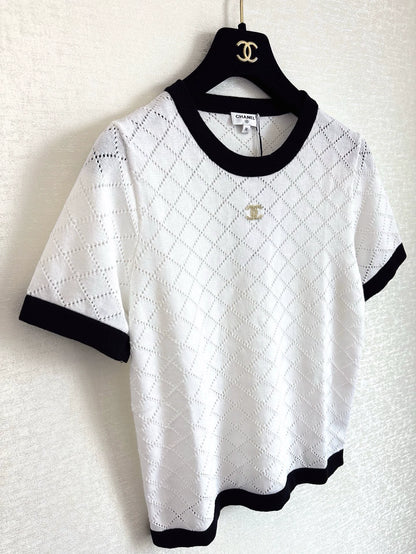 C 25 New Hollow Checkered Knit Short Sleeve