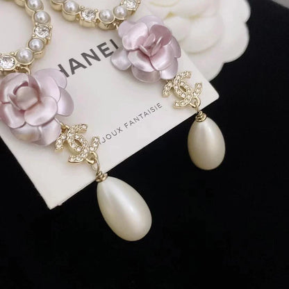 25 Summer new camellia pearl tassel versatile earrings