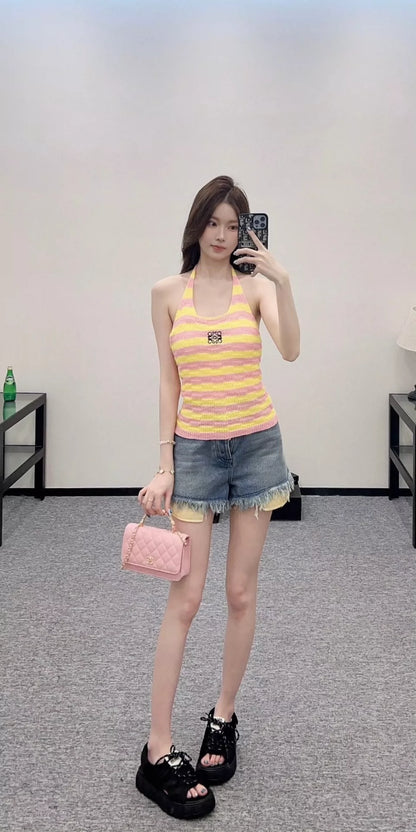 LO 25 Summer New Hanging neck striped knit undershirt