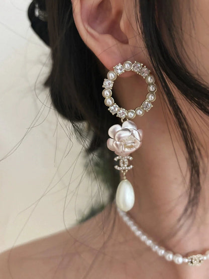 25 Summer new camellia pearl tassel versatile earrings