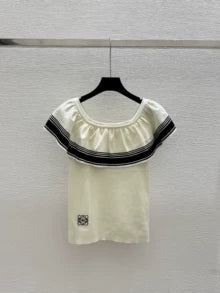 LO 2025 Summer New Color-contrast Ruffled One-shoulder Knitted Short-sleeved Top