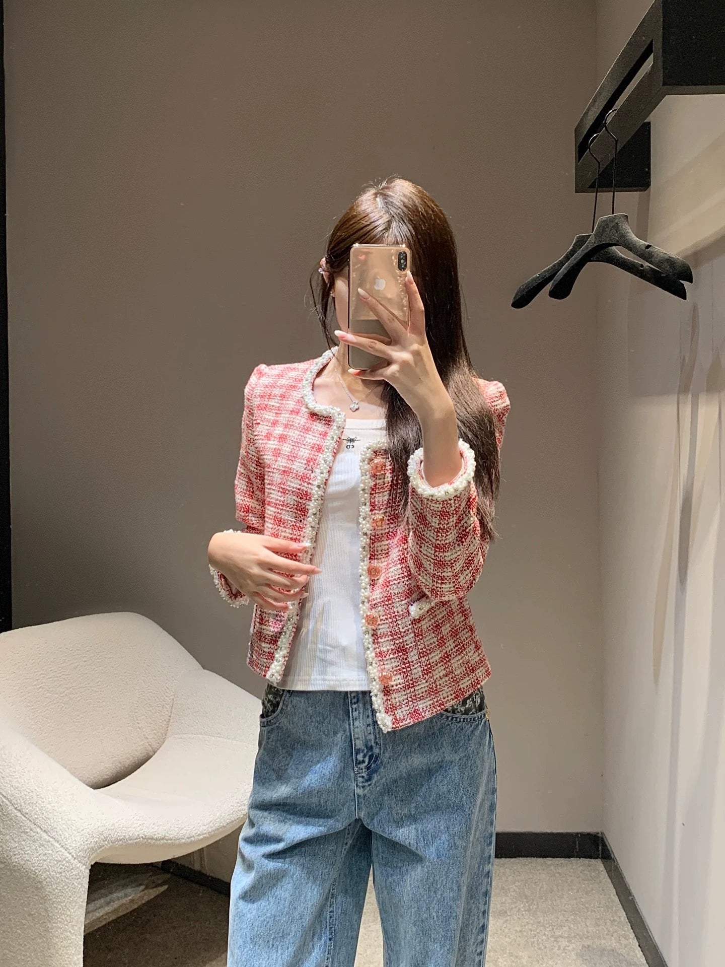 C 25 Red and white checked tweed jacket with beaded trim