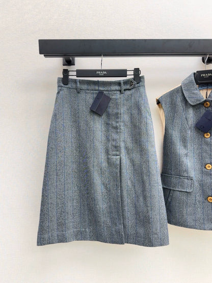 p 25 Latest Splicing Practice Vest Jacket ➕Striped Suit Mid-Length Half Skirt