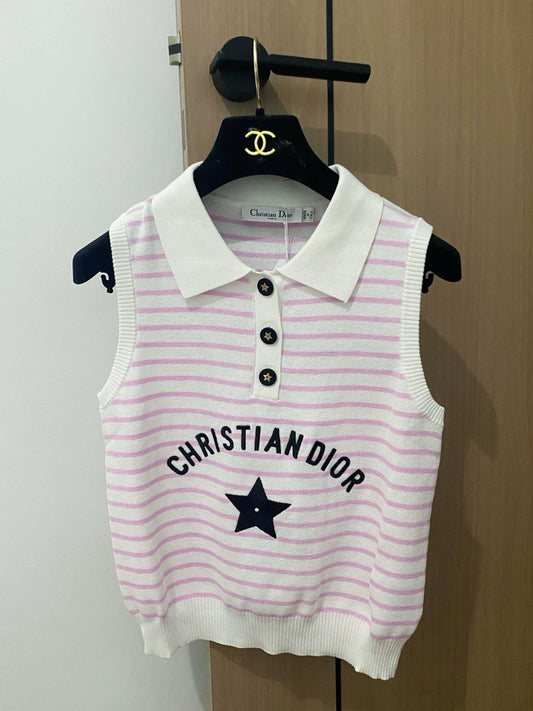 D 25 New Star Letter Embroidery Clashing Color Stripe Button Lapel Sleeveless Knit Tank Top