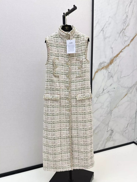 C 25fw Woven long tweed vest dress