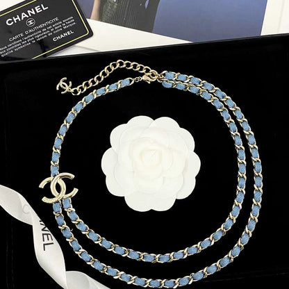 25 new leather chain denim blue double necklace