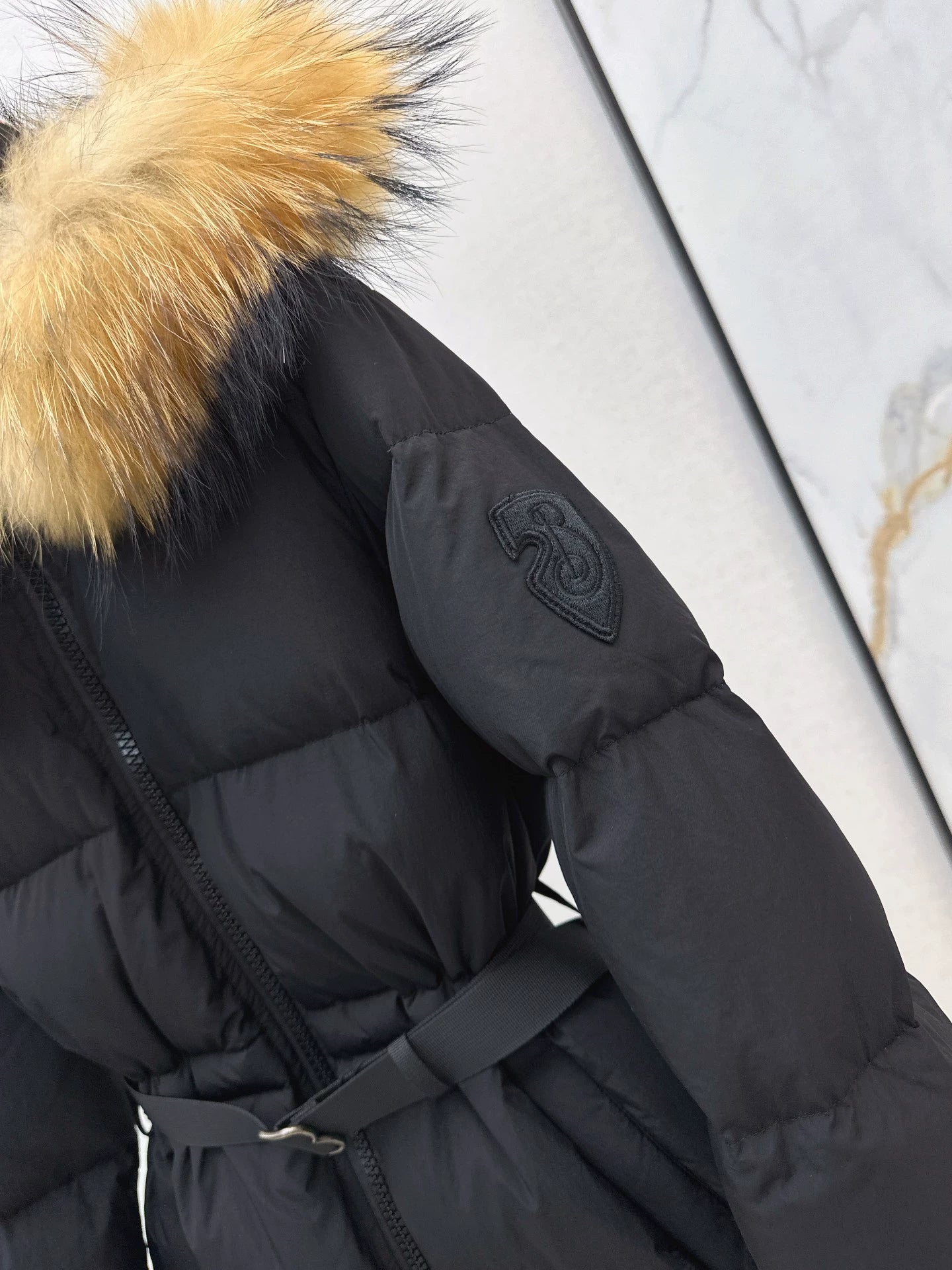Bru 25 Waist waistband long down jacket ，raccoon fur collar(BLACK/WHITE/KHAKI)