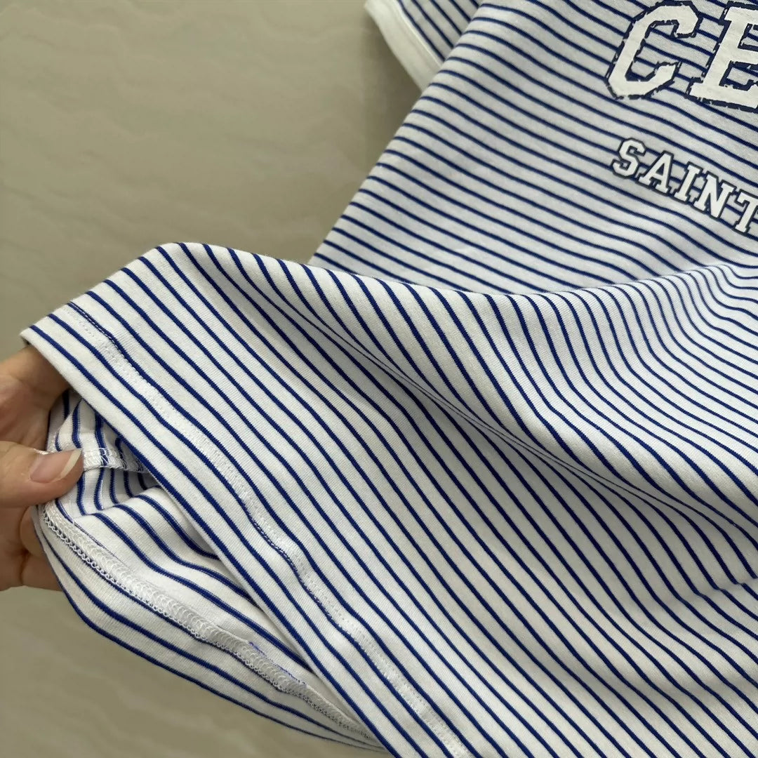 CE 25 College style blue striped cotton letter short-sleeved T-shirt