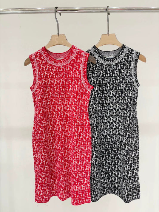 Bu 25 Early spring new round neck letter logo jacquard full print dresses