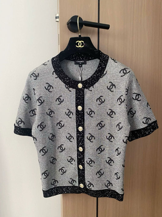 C 25 new color clashing pattern single-breasted round neck short-sleeved knitting