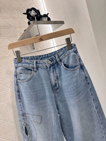 C 25 Wide Leg Rhinestone Denim Trousers