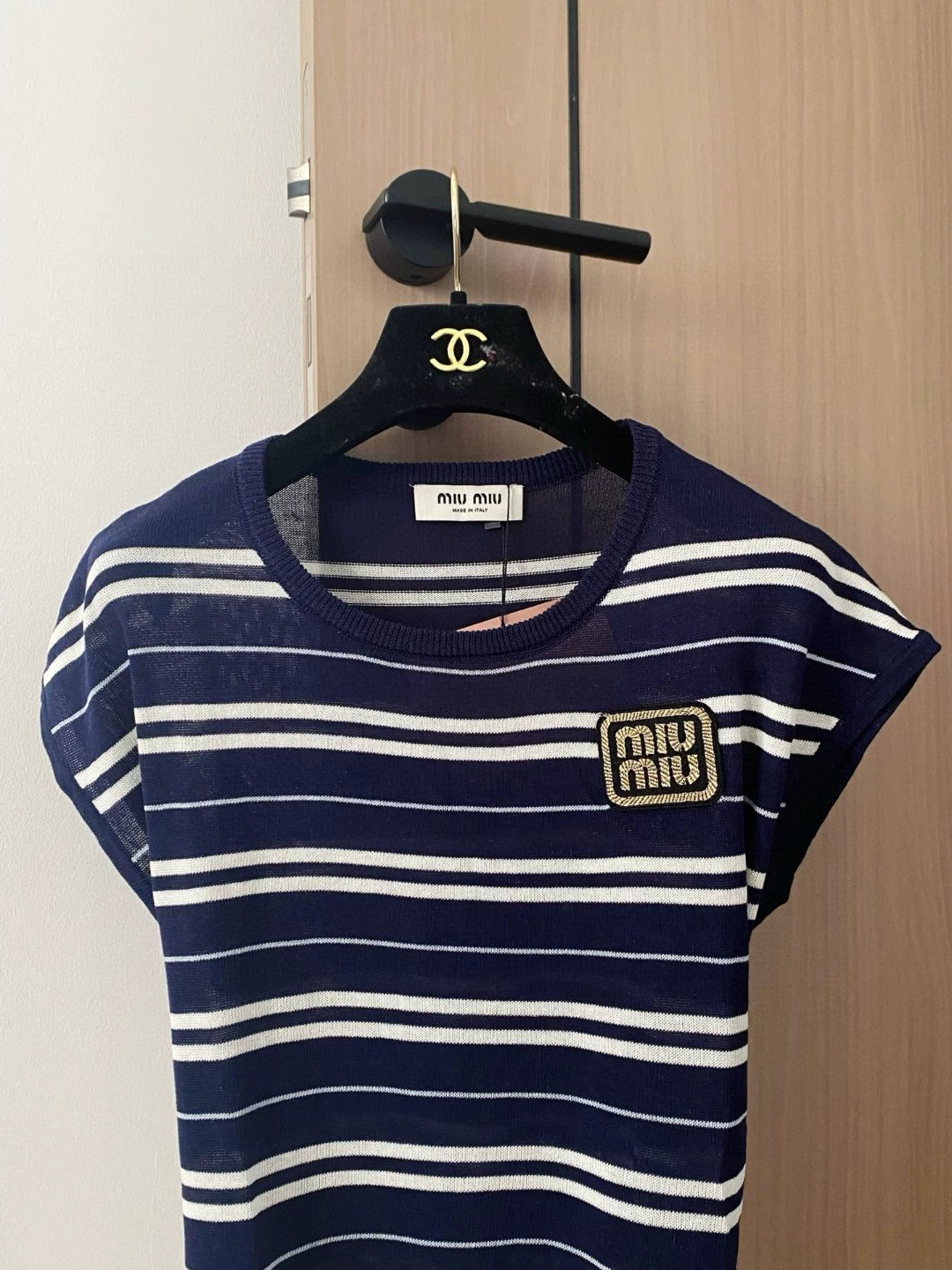 M 25 New Striped Tie Crew Neck Short Sleeve Knit