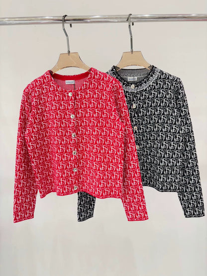 Bu 25 early spring new round neck letter logo jacquard full print knit cardigan
