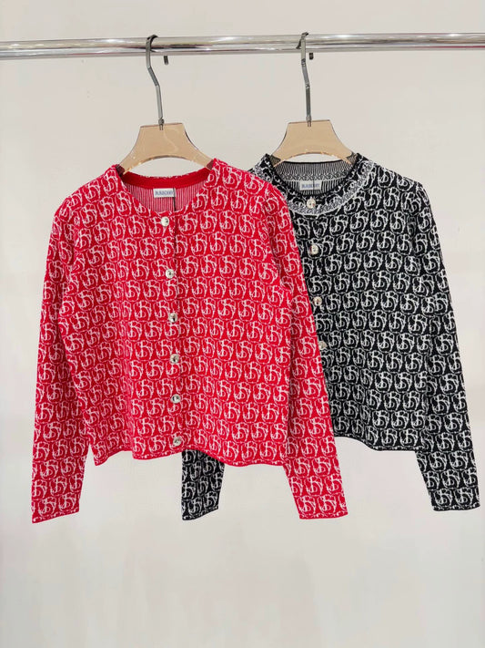 Bu 25 early spring new round neck letter logo jacquard full print knit cardigan