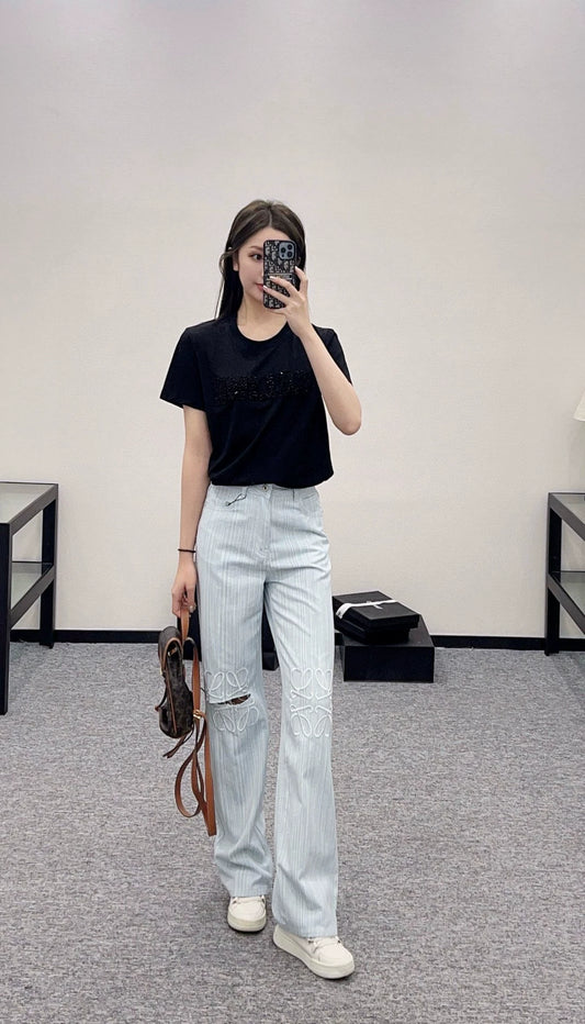 LO 25 New Wide Leg Striped Embroidered Ripped Jeans