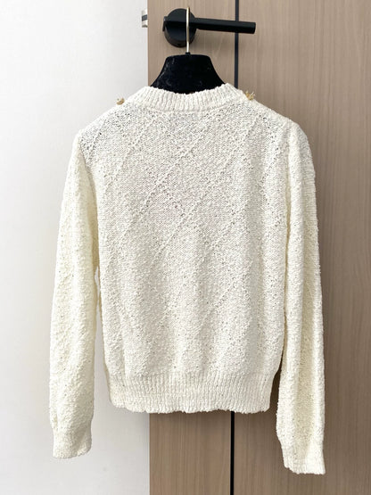 M 25 new embroidered letters beaded round neck long sleeve knitted cardigan(Beigi/pink)