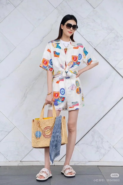 L 25 New Poster Badge Print Printed Silk Short Sleeve Shirt!