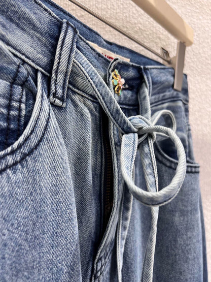 C 25B High-end Handicraft Series New Washed Gradient Lace-up Jeans