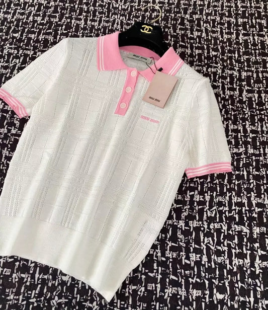 M 25 New Clashing Buttons Lapel Short Sleeve Knit (White Pink Yellow)