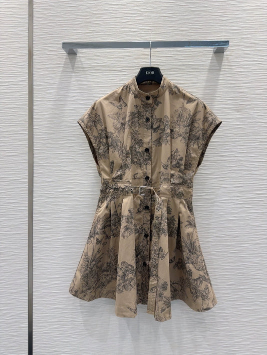 D 25 new brown printed belt single-breasted stand collar short-sleeved dress