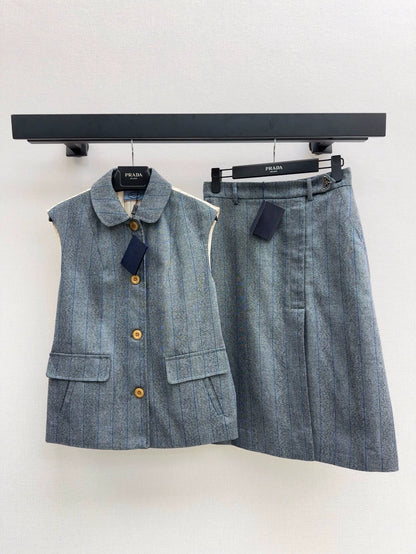 p 25 Latest Splicing Practice Vest Jacket ➕Striped Suit Mid-Length Half Skirt
