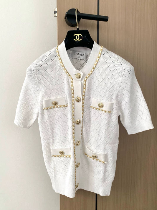 C 25 New Chain Buttons Hollow Out Round Neck Short Sleeve Knit Cardigan