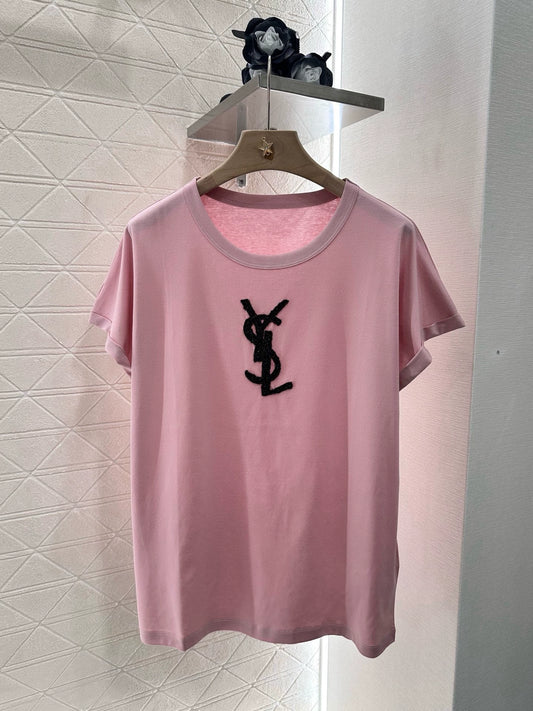 Y 25 Heavy Duty Beaded Embroidered Letter Short Sleeve T-Shirt (White Pink Green)