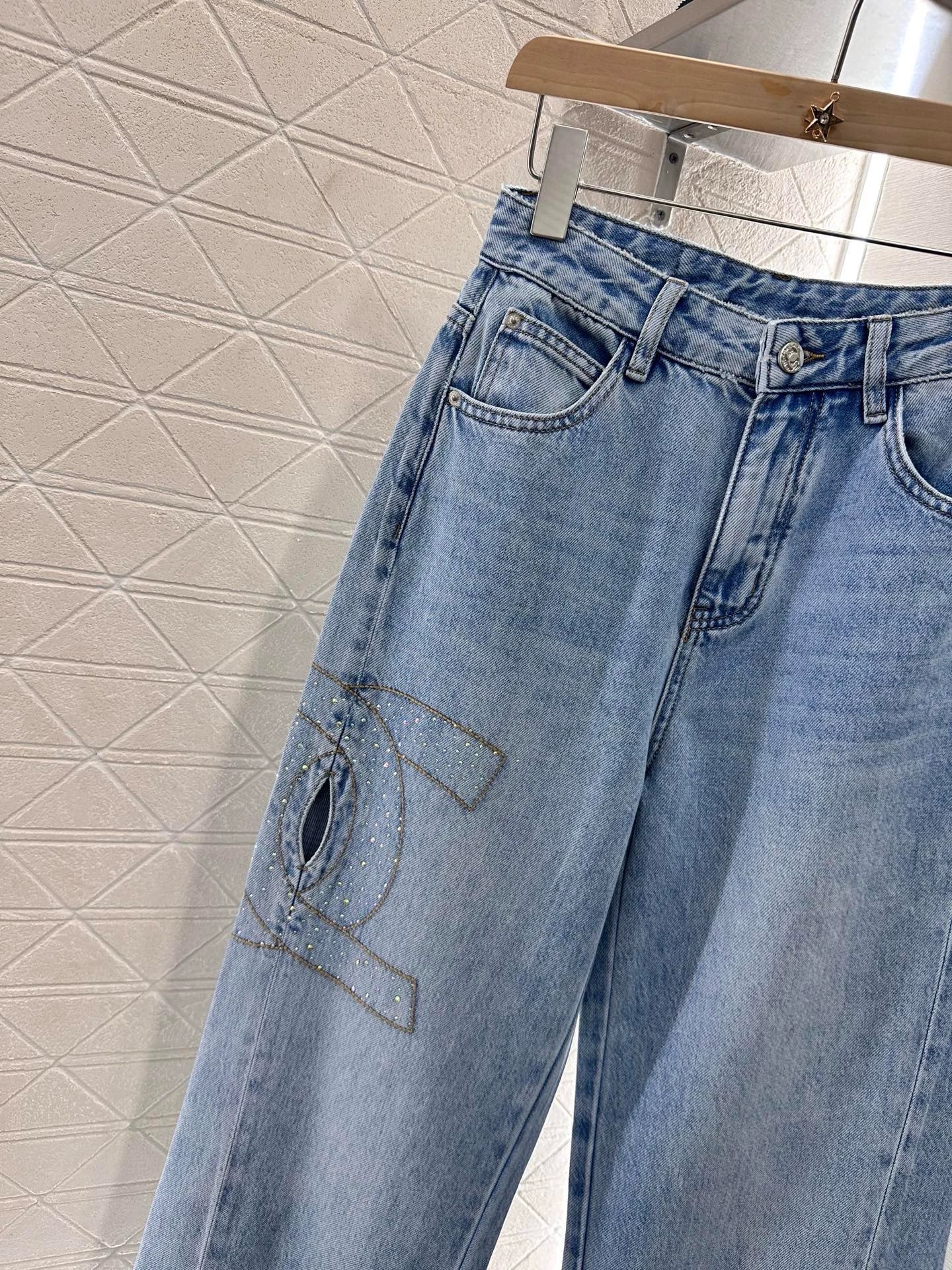 C 25 Wide Leg Rhinestone Denim Trousers