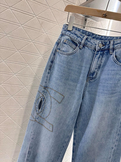 C 25 Wide Leg Rhinestone Denim Trousers