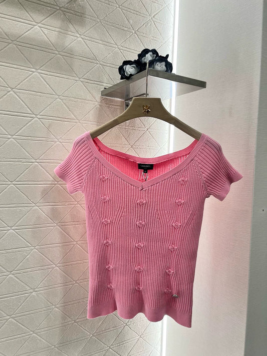 C 25 Spring and Summer New Three-dimensional Crochet Knitted Short-sleeved Top(pink white blue black)