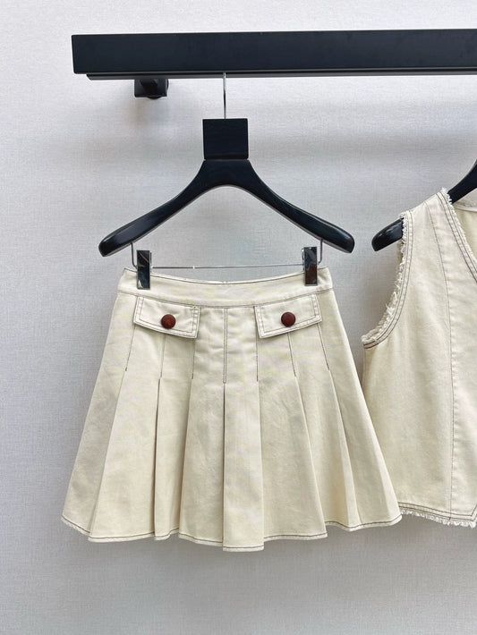 Lor 25 spring and summer new suit Sleeveless V-neck denim vest + age-reducing pressed pleated half skirt