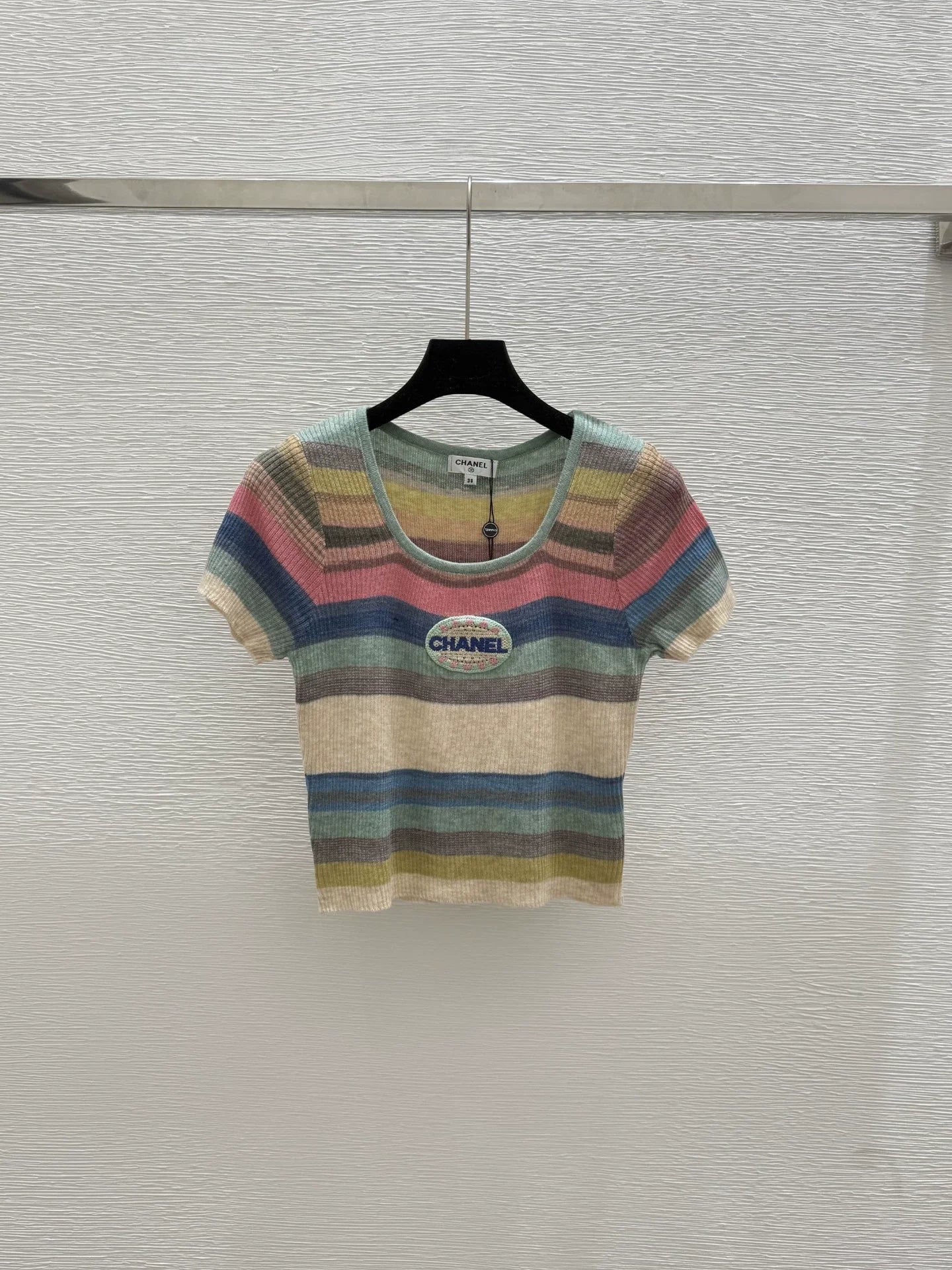 C 2025 Summer New Color Striped Knitted Short Sleeve Top