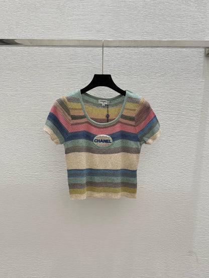 C 2025 Summer New Color Striped Knitted Short Sleeve Top