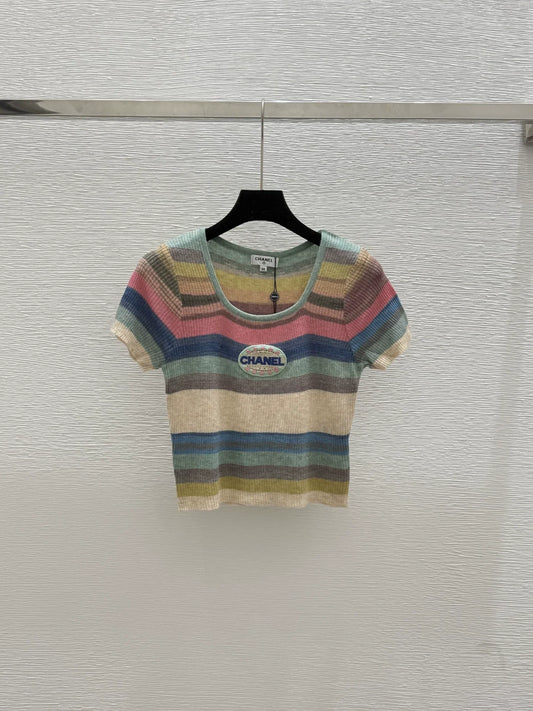 C 2025 Summer New Color Striped Knitted Short Sleeve Top