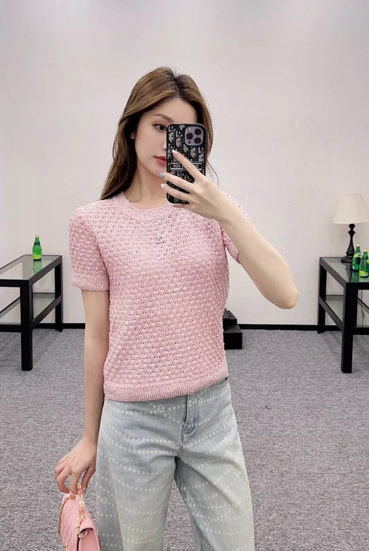 C 25 Beaded Micro Sheer Knit Short Sleeve Top(white pink black)