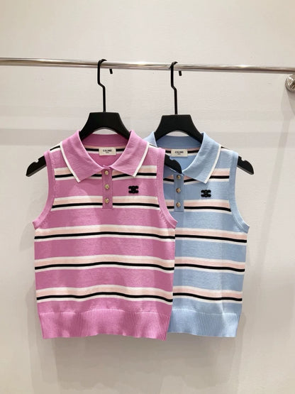 ce 25 New Striped Button Down Collar Sleeveless Knit Tank Top