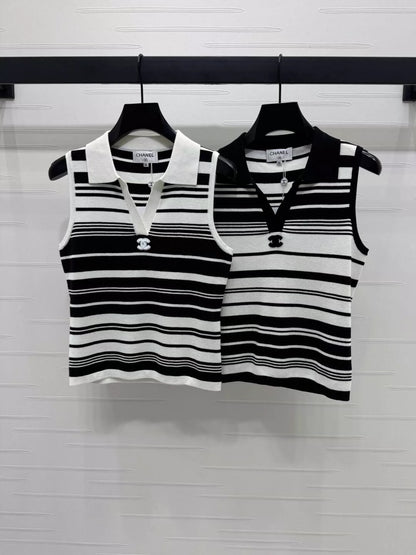 C 25 New Spring/Summer V-neck Embroidered Striped Knit Top Vest