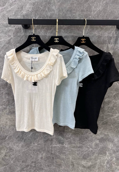 C 25Ss early spring new style lace round neck slim fit knitted short-sleeved top