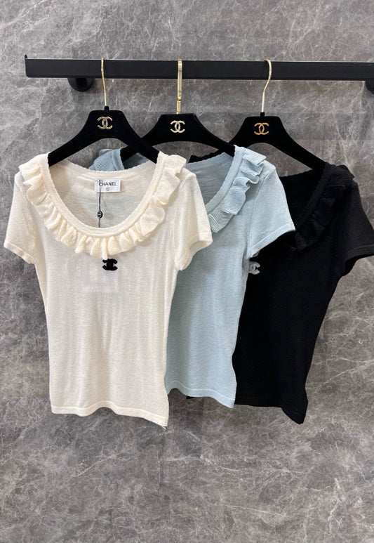 C 25Ss early spring new style lace round neck slim fit knitted short-sleeved top