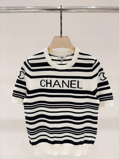 C 25 Summer New Black and White Striped Letter Logo Jacquard Knitted Short Sleeves