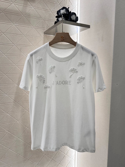 D 25 Heavy Duty Beaded Round Neck Short Sleeve T-Shirt (Black White Pink)