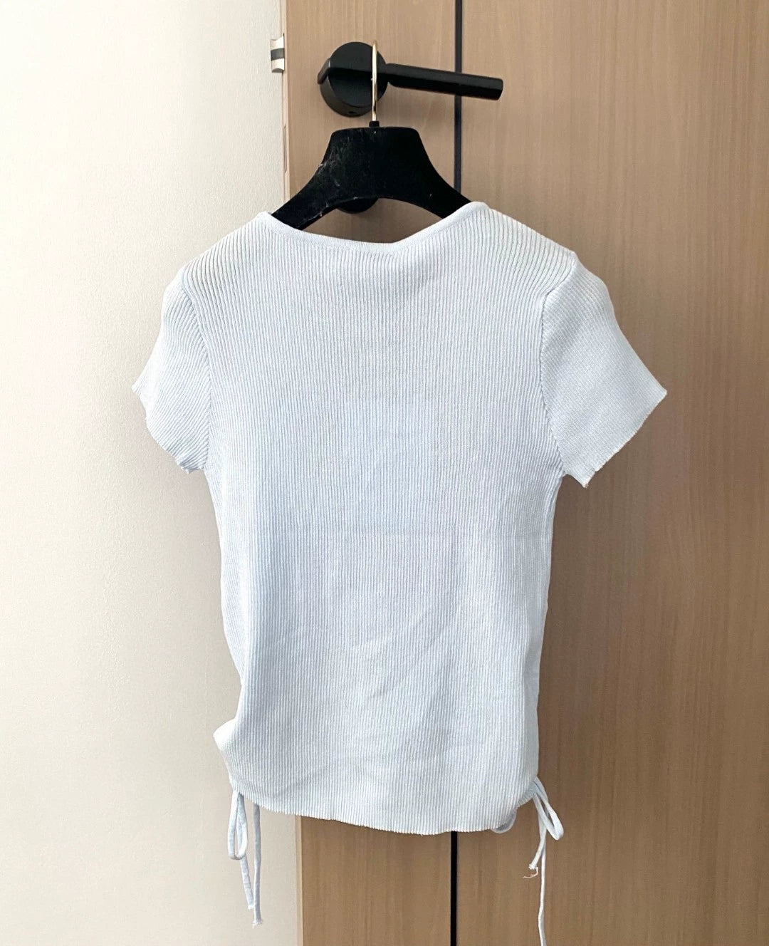 C 25 new embroidered letter drawstring U-neck short-sleeved knitted top